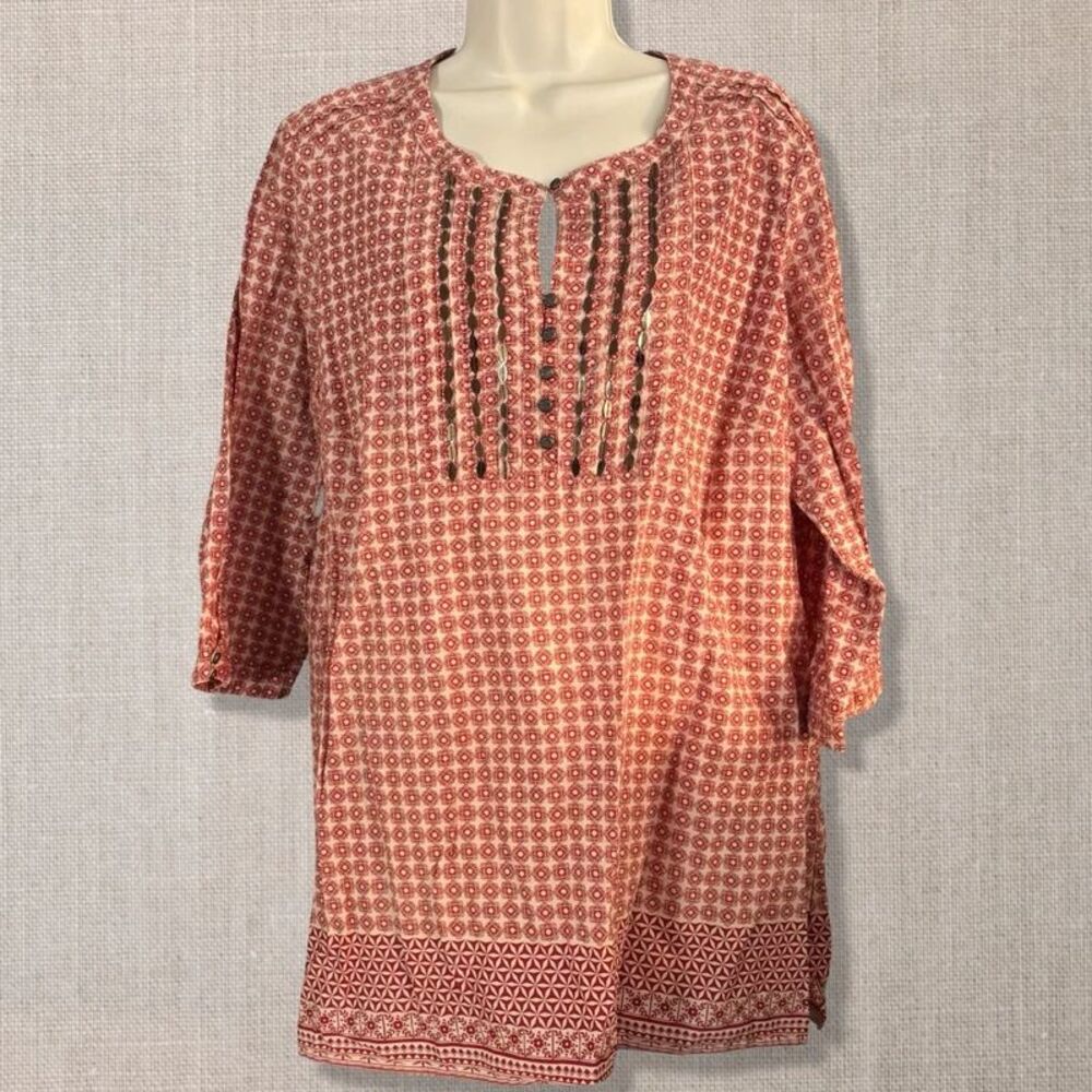 Dressbarn Women 14/16 Red Geometric Embellished Boho Tunic Top 3/4 Sleeve